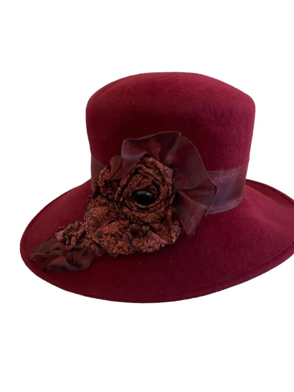 Louise Green Burgundy Wool Felt Wide Brim Hat With Floral Ribbon Detail